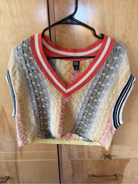 BDG Tops - BDG Multicolor V-Neck Knit Sweater Vest - Coral, Yellow, Blue, Black, Cream
